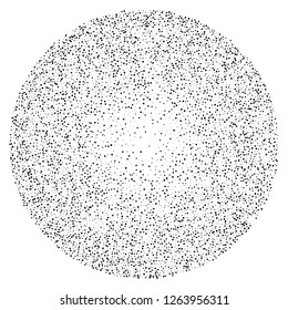Elegant pattern with black polka dots of small and large scale in a vicious circle. Splatter background. Black glitter blow explosion and splats on white. Grunge texture. Vector illustration