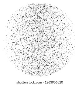 Elegant pattern with black polka dots of small and large scale in a vicious circle. Splatter background. Black glitter blow explosion and splats on white. Grunge texture. Vector illustration