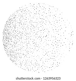 Elegant pattern with black polka dots of small and large scale in a vicious circle. Splatter background. Black glitter blow explosion and splats on white. Grunge texture. Vector illustration