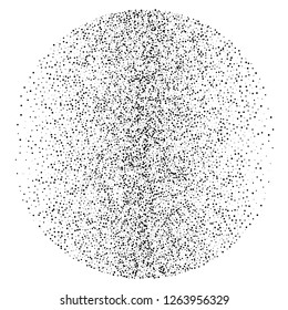 Elegant pattern with black polka dots of small and large scale in a vicious circle. Splatter background. Black glitter blow explosion and splats on white. Grunge texture. Vector illustration
