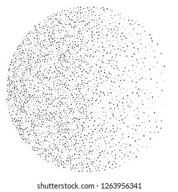Elegant pattern with black polka dots of small and large scale in a vicious circle. Splatter background. Black glitter blow explosion and splats on white. Grunge texture. Vector illustration