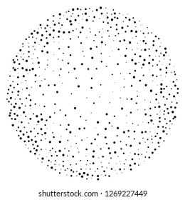 Elegant pattern with black polka dots of small and large scale. Splatter background. Black glitter blow explosion and splats on white. Grunge texture. Vector illustration