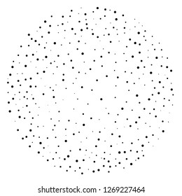 Elegant pattern with black polka dots of small and large scale. Splatter background. Black glitter blow explosion and splats on white. Grunge texture. Vector illustration