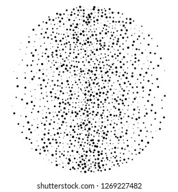 Elegant pattern with black polka dots of small and large scale. Splatter background. Black glitter blow explosion and splats on white. Grunge texture. Vector illustration