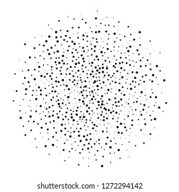 Elegant pattern with black polka dots of small and large scale. Splatter background. Black glitter blow explosion and splats on white. Grunge texture. Vector illustration