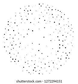 Elegant pattern with black polka dots of small and large scale. Splatter background. Black glitter blow explosion and splats on white. Grunge texture. Vector illustration