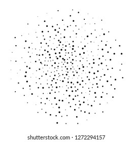 Elegant pattern with black polka dots of small and large scale. Splatter background. Black glitter blow explosion and splats on white. Grunge texture. Vector illustration