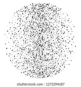 Elegant pattern with black polka dots of small and large scale. Splatter background. Black glitter blow explosion and splats on white. Grunge texture. Vector illustration