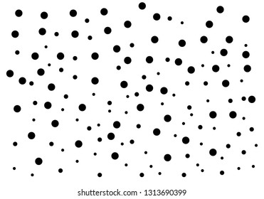 Elegant pattern with black polka dots of small and large scale. Splatter background. Black glitter blow explosion and splats on white. Grunge texture. Vector illustration