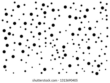 Elegant pattern with black polka dots of small and large scale. Splatter background. Black glitter blow explosion and splats on white. Grunge texture. Vector illustration