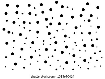 Elegant pattern with black polka dots of small and large scale. Splatter background. Black glitter blow explosion and splats on white. Grunge texture. Vector illustration