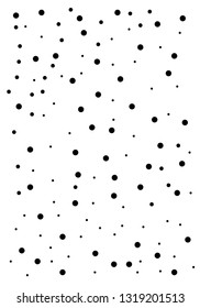 Elegant pattern with black polka dots of small and large scale. Splatter background. Black glitter blow explosion and splats on white. Grunge texture. Vector illustration