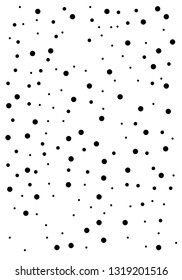 Elegant pattern with black polka dots of small and large scale. Splatter background. Black glitter blow explosion and splats on white. Grunge texture. Vector illustration