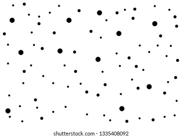 Elegant pattern with black polka dots of small and large scale. Splatter background. Black glitter blow explosion and splats on white. Grunge texture. Vector illustration 
