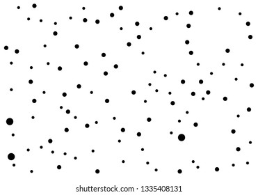 Elegant pattern with black polka dots of small and large scale. Splatter background. Black glitter blow explosion and splats on white. Grunge texture. Vector illustration 