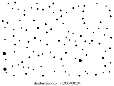 Elegant pattern with black polka dots of small and large scale. Splatter background. Black glitter blow explosion and splats on white. Grunge texture. Vector illustration 