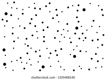 Elegant pattern with black polka dots of small and large scale. Splatter background. Black glitter blow explosion and splats on white. Grunge texture. Vector illustration 