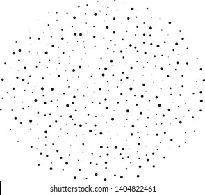 Elegant pattern with black polka dots of small and large scale. Splatter background. Black glitter blow explosion and splats on white. Grunge texture. Vector illustration