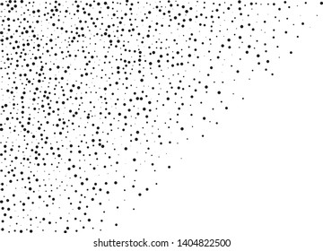 Elegant pattern with black polka dots of small and large scale. Splatter background. Black glitter blow explosion and splats on white. Grunge texture. Vector illustration