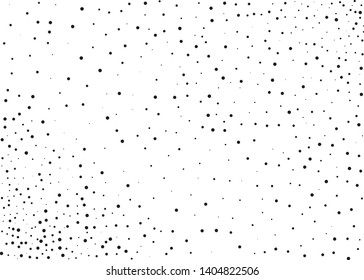 Elegant pattern with black polka dots of small and large scale. Splatter background. Black glitter blow explosion and splats on white. Grunge texture. Vector illustration