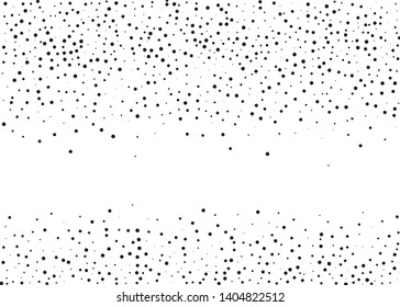 Elegant pattern with black polka dots of small and large scale. Splatter background. Black glitter blow explosion and splats on white. Grunge texture. Vector illustration