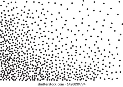 Elegant pattern with black polka dots. Splatter background. Black glitter blow explosion and splats on white. Grunge texture. Vector illustration