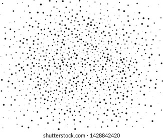 Elegant pattern with black polka dots of small and large scale. Splatter background. Black glitter blow explosion and splats on white. Grunge texture. Vector illustration