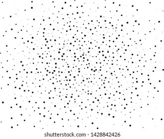 Elegant pattern with black polka dots of small and large scale. Splatter background. Black glitter blow explosion and splats on white. Grunge texture. Vector illustration