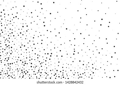 Elegant pattern with black polka dots of small and large scale. Splatter background. Black glitter blow explosion and splats on white. Grunge texture. Vector illustration