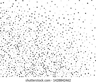 Elegant pattern with black polka dots of small and large scale. Splatter background. Black glitter blow explosion and splats on white. Grunge texture. Vector illustration