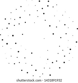 Elegant pattern with black polka dots of small and large scale. Splatter background. Black glitter blow explosion and splats on white. Grunge texture. Vector illustration