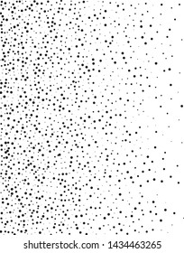 Elegant pattern with black polka dots of small and large scale. Splatter background. Black glitter blow explosion and splats on white. Grunge texture. Vector illustration  