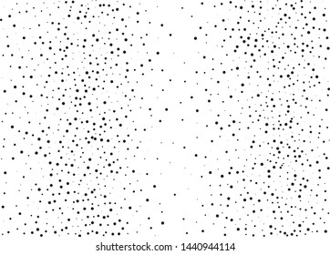 Elegant pattern with black polka dots of small and large scale. Splatter background. Black glitter blow explosion and splats on white. Grunge texture. Vector illustration