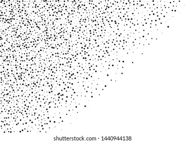 Elegant pattern with black polka dots of small and large scale. Splatter background. Black glitter blow explosion and splats on white. Grunge texture. Vector illustration