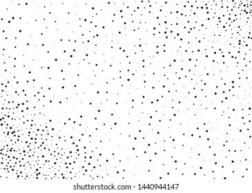 Elegant pattern with black polka dots of small and large scale. Splatter background. Black glitter blow explosion and splats on white. Grunge texture. Vector illustration