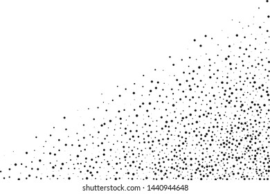 Elegant pattern with black polka dots of small and large scale. Splatter background. Black glitter blow explosion and splats on white. Grunge texture. Vector illustration