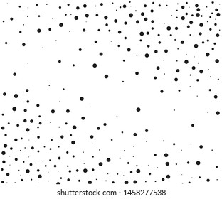 Elegant pattern with black polka dots of small and large scale. Splatter background. Black glitter blow explosion and splats on white. Grunge texture. Vector illustration