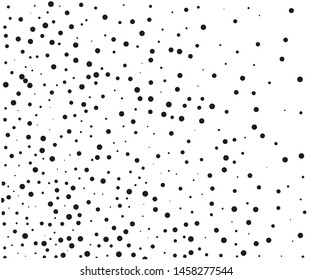 Elegant pattern with black polka dots of small and large scale. Splatter background. Black glitter blow explosion and splats on white. Grunge texture. Vector illustration