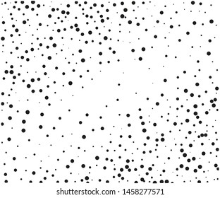 Elegant pattern with black polka dots of small and large scale. Splatter background. Black glitter blow explosion and splats on white. Grunge texture. Vector illustration