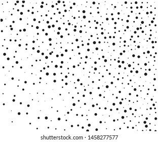 Elegant pattern with black polka dots of small and large scale. Splatter background. Black glitter blow explosion and splats on white. Grunge texture. Vector illustration