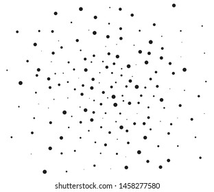 Elegant pattern with black polka dots of small and large scale. Splatter background. Black glitter blow explosion and splats on white. Grunge texture. Vector illustration