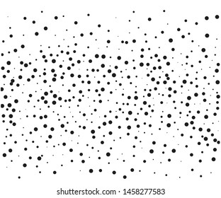 Elegant pattern with black polka dots of small and large scale. Splatter background. Black glitter blow explosion and splats on white. Grunge texture. Vector illustration