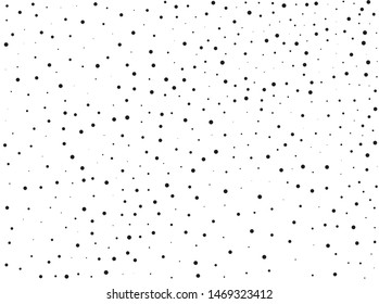 Elegant pattern with black polka dots of small and large scale. Splatter background. Black glitter blow explosion and splats on white. Grunge texture. Vector illustration