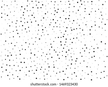 Elegant pattern with black polka dots of small and large scale. Splatter background. Black glitter blow explosion and splats on white. Grunge texture. Vector illustration