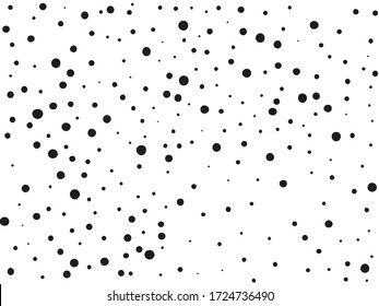 Elegant pattern with black polka dots of small and large scale. Splatter background. Black glitter blow explosion and splats on white. Grunge texture. Vector illustration 