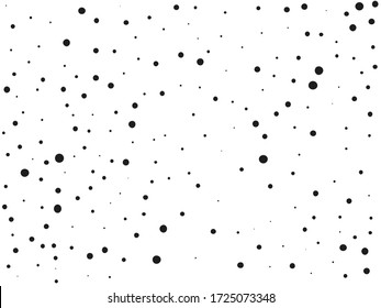 Elegant pattern with black polka dots of small and large scale. Splatter background. Black glitter blow explosion and splats on white. Grunge texture. Vector illustration