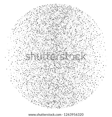 Elegant pattern with black polka dots of small and large scale in a vicious circle. Splatter background. Black glitter blow explosion and splats on white. Grunge texture. Vector illustration