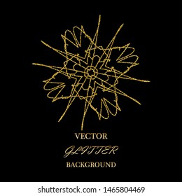 An elegant pattern in a circle of gold glitter on a black background. Template for invitation and holiday card.