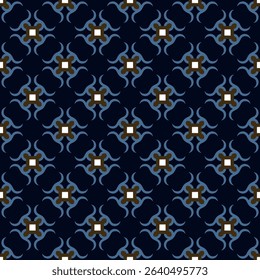 Elegant pattern classic blue background ethnic style square motif. Abstract line shape geometric ornament seamless design. Modern concept art textile swatch ladies dress, man shirt allover print block