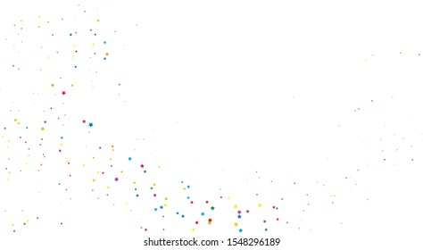 Elegant pattern with colorful stars-confetti on a white background. Bright sparkle. Festive background. Vector illustration. Stars of different brightness and size.